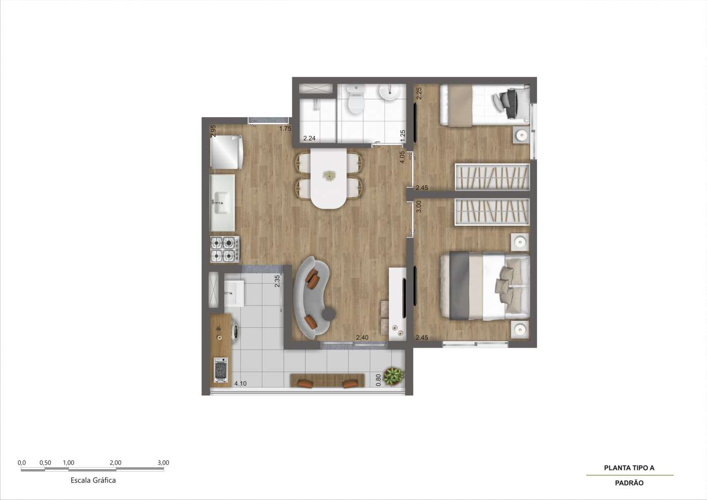 Planta Tipo A - 2 dorms - R03 Kazzas Park Nova Atlântica