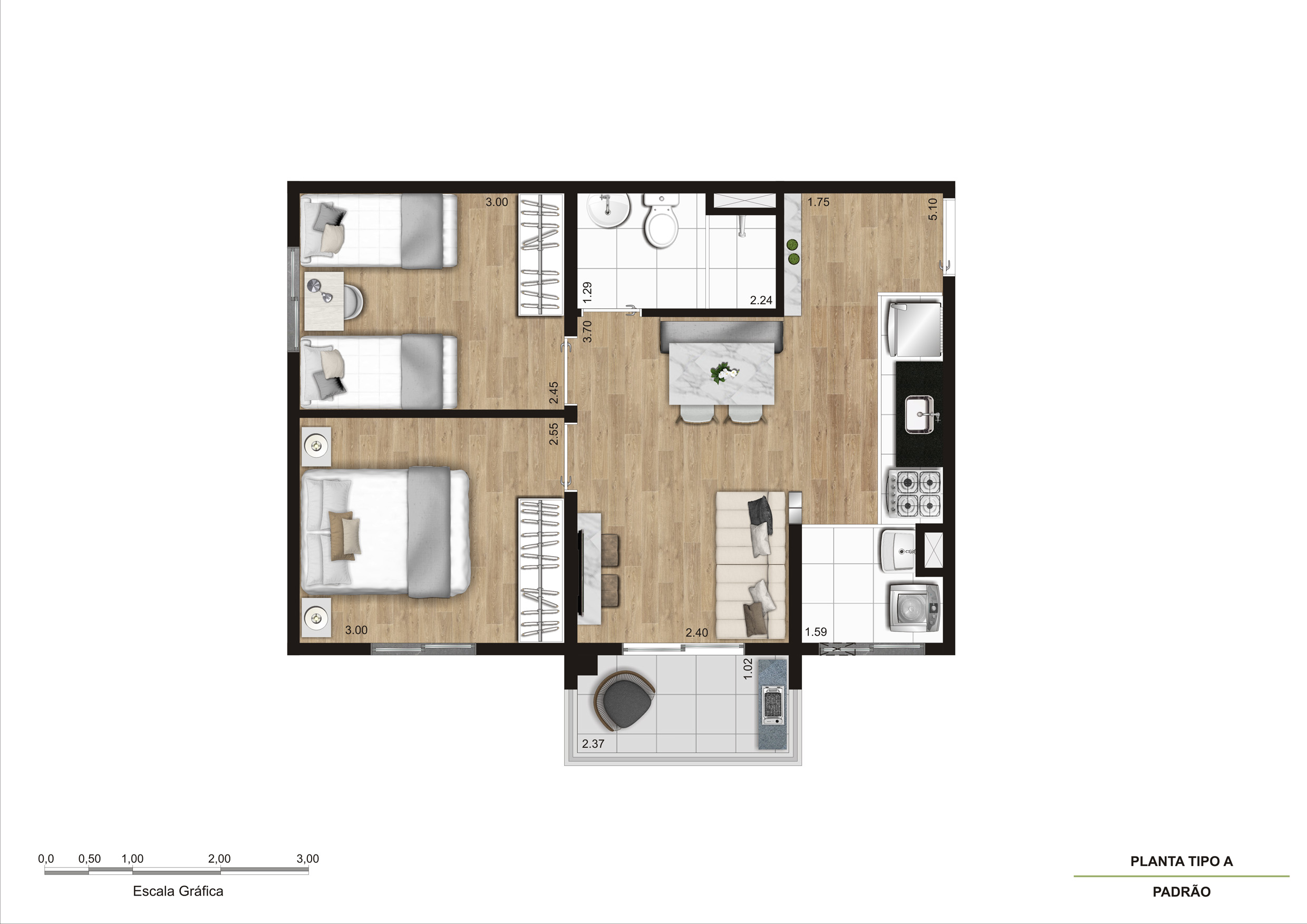 Planta Tipo A - 2 Dorm - 43m² R03