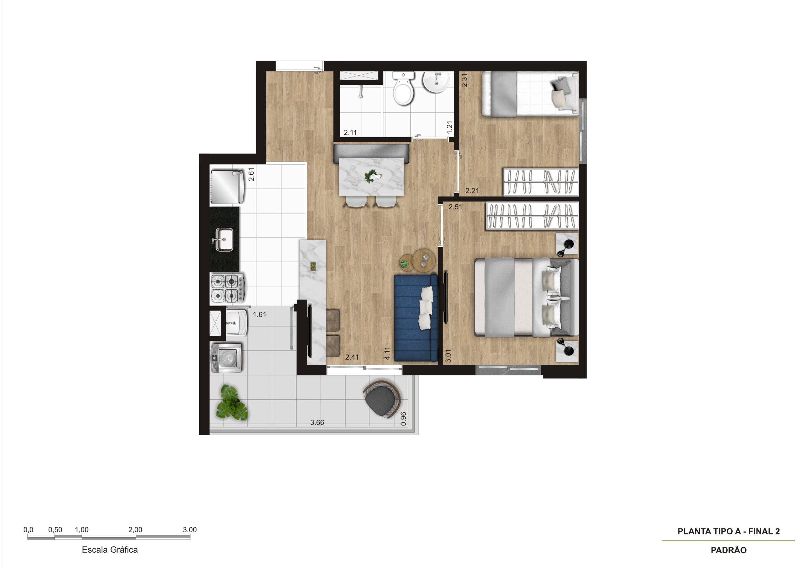 Planta Tipo A - 42m² - 2 Dorm R01