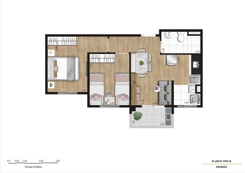 Planta Tipo B - 2 Dorm - 43m² R03