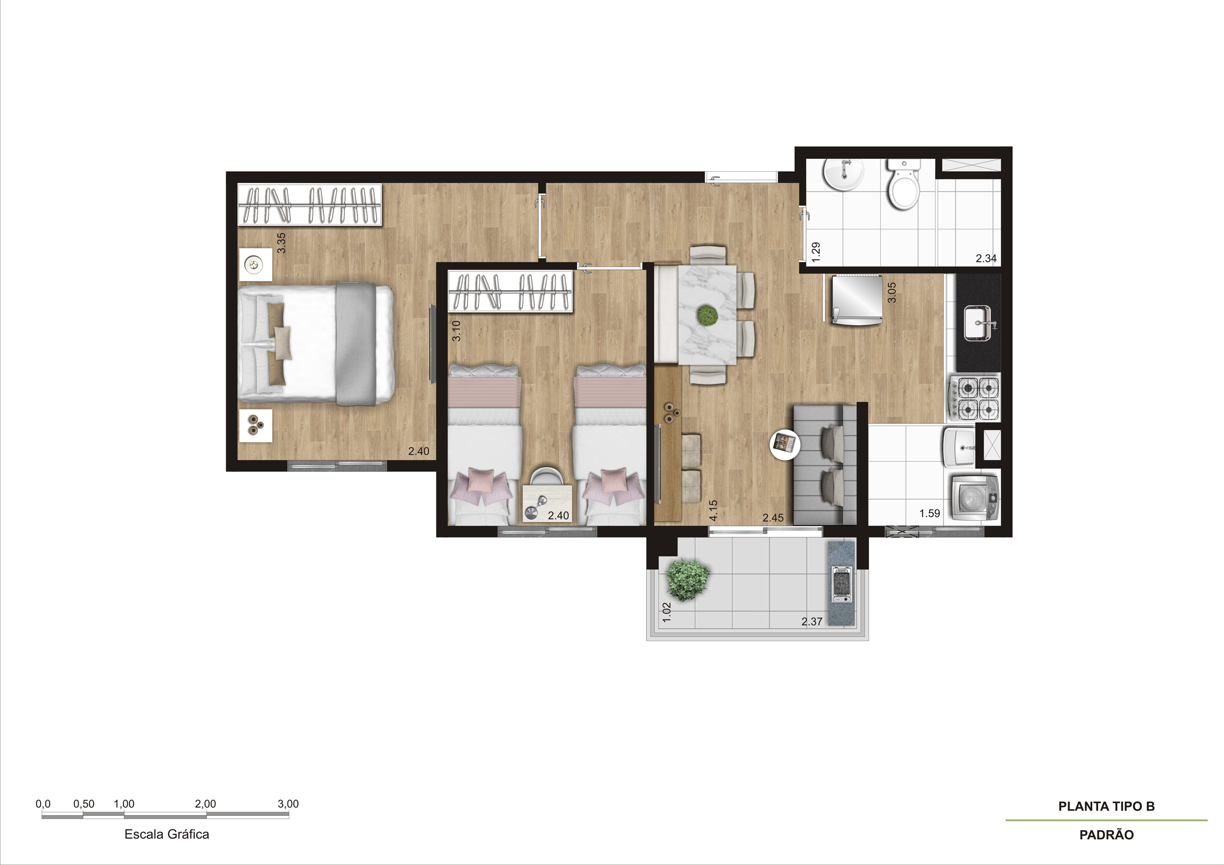 Planta Tipo B - 2 Dorm - 43m² R03