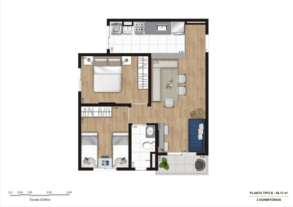 Planta Tipo B - 48,13m² - 2 Dorm R04
