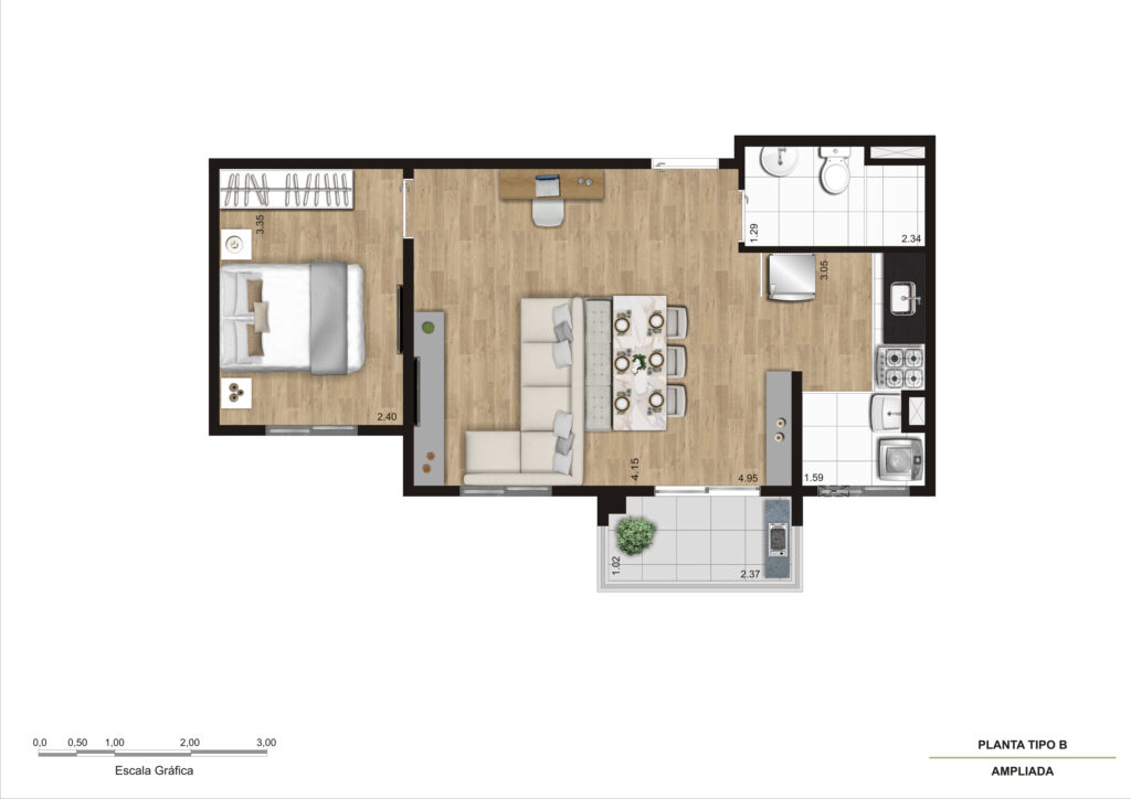 Planta Tipo B - 1 Dorm - 43m² Ampliada R02