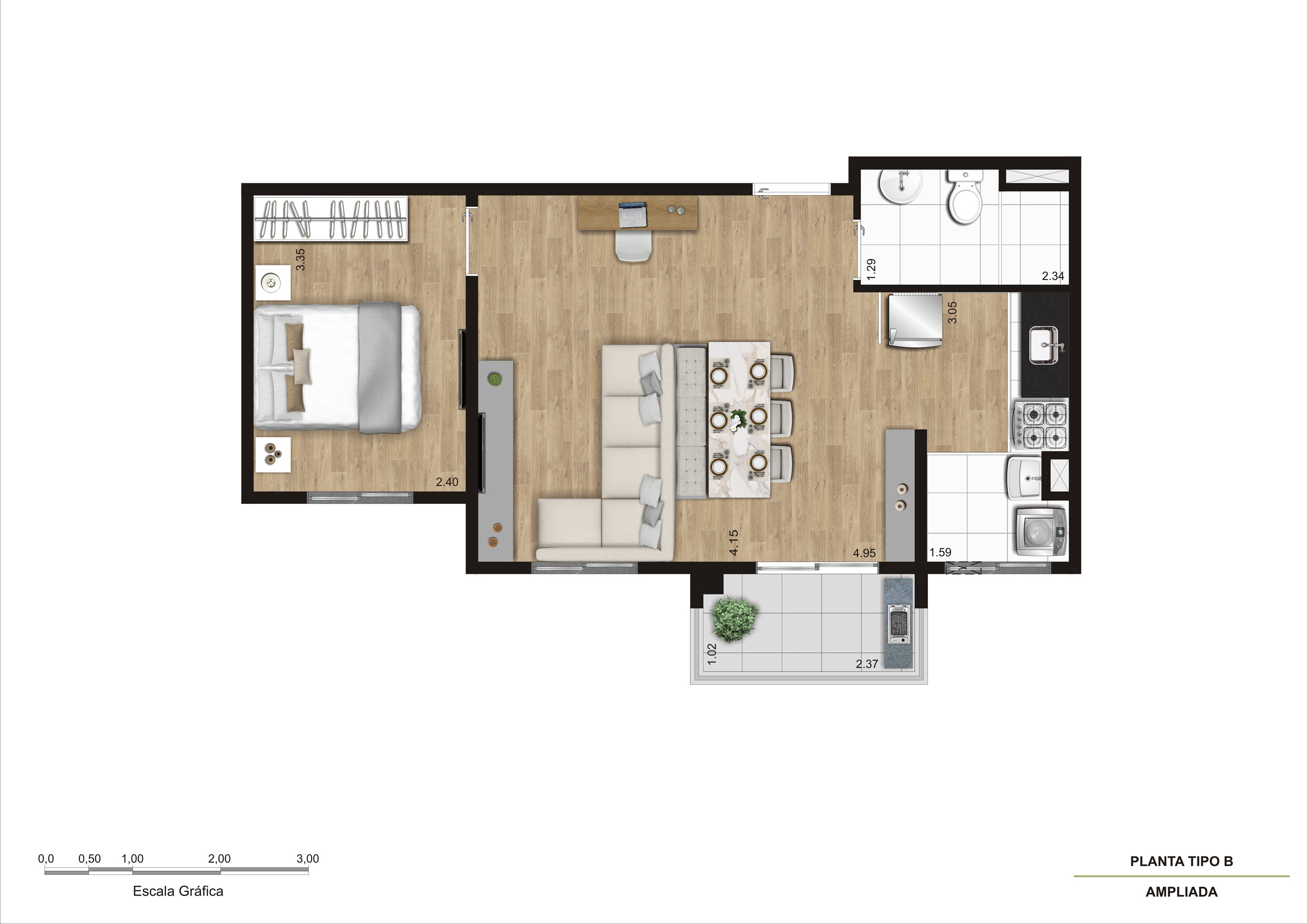 Planta Tipo B - 1 Dorm - 43m² Ampliada R02