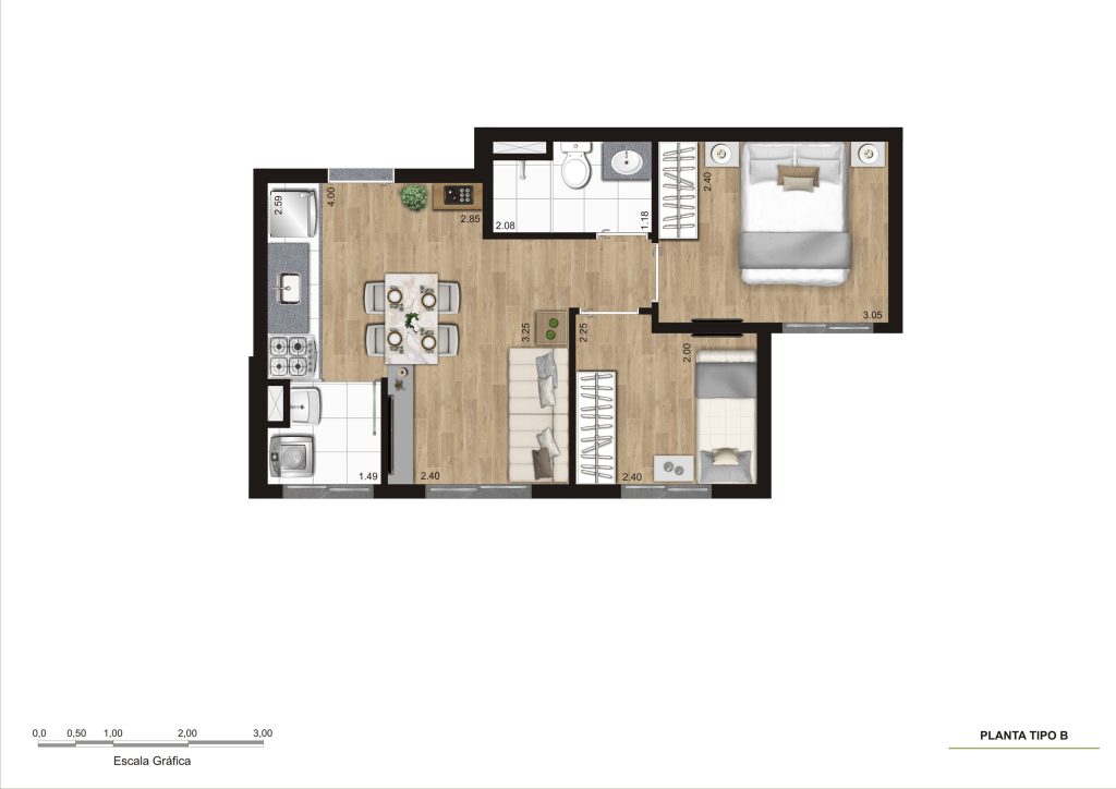 Planta Tipo B - 2 dorms - R03 - 36,38m²