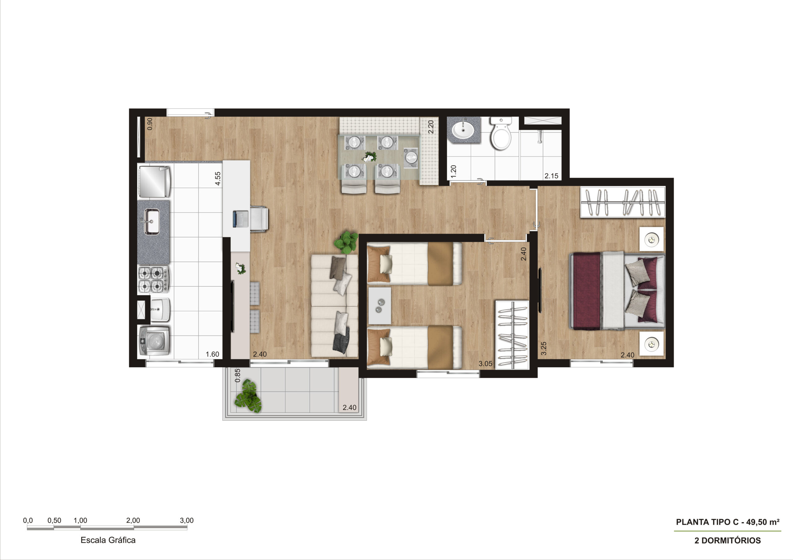 Planta Tipo C - 49,50m² - 2 Dorm R04