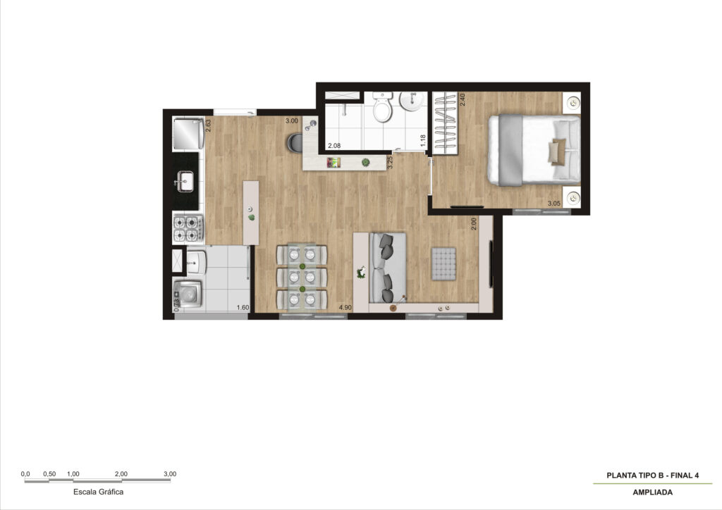 Planta Tipo B - 36m² Ampliada - 1 Dorm R02