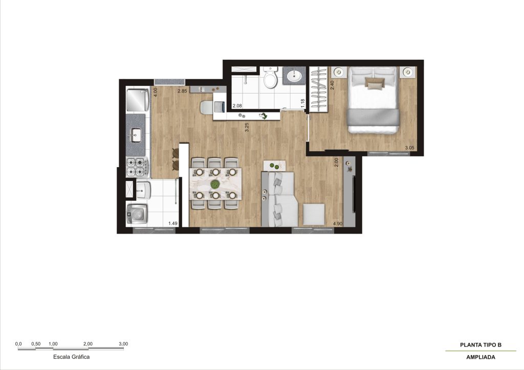 Planta Tipo B - 1 dorm Ampliada - R03