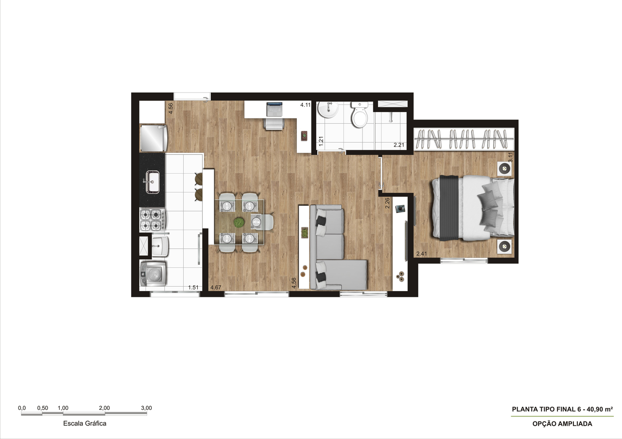 Planta Tipo B Ampliada - 1 Dorm R03 40,90m²