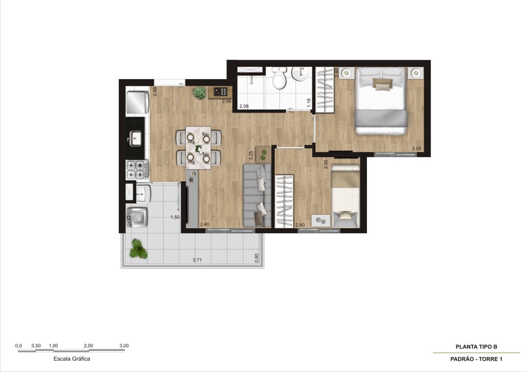 Planta Tipo B - 2 Dorm 40,55m² R02