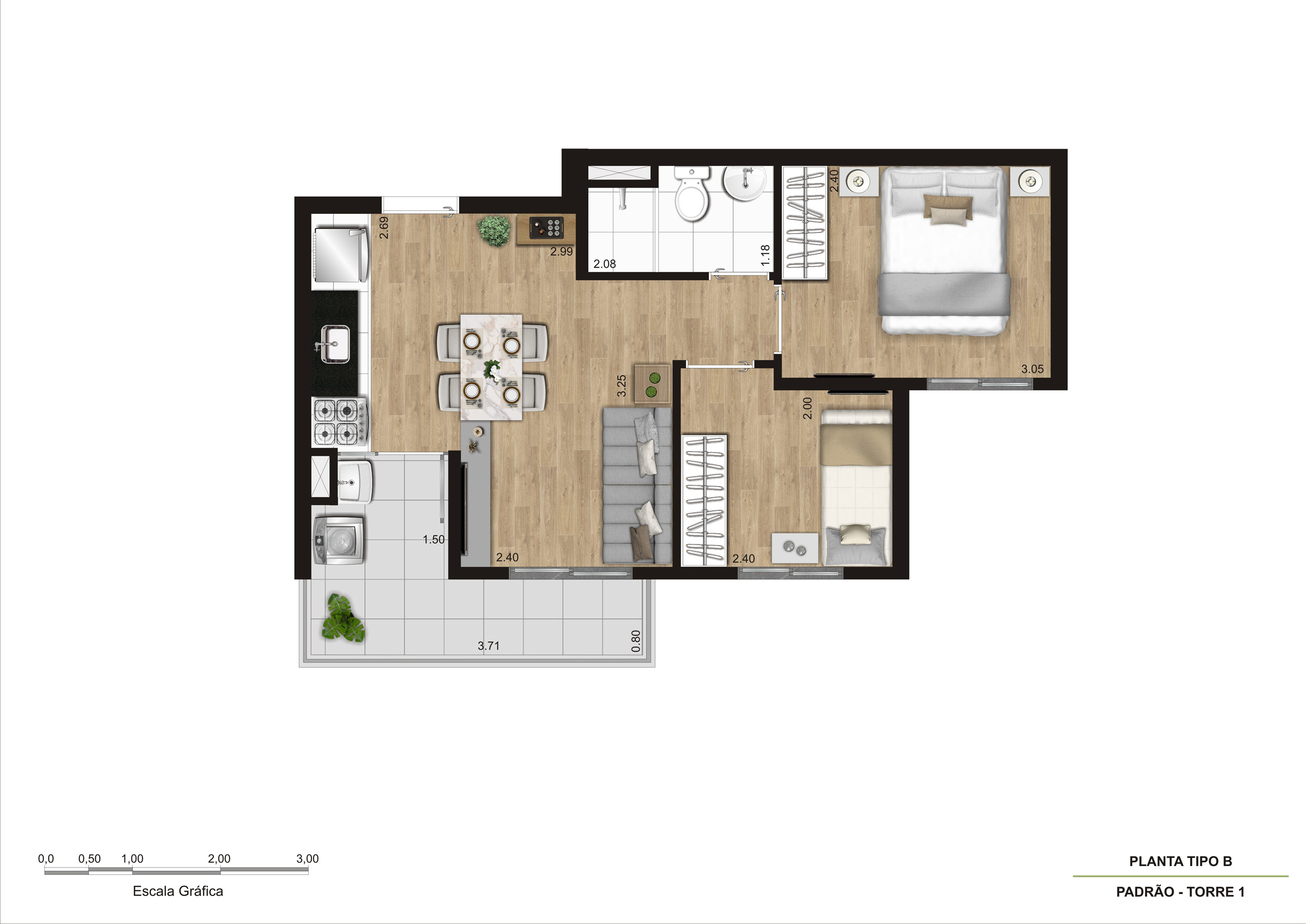 Planta Tipo B - 2 Dorm 40,55m² R02