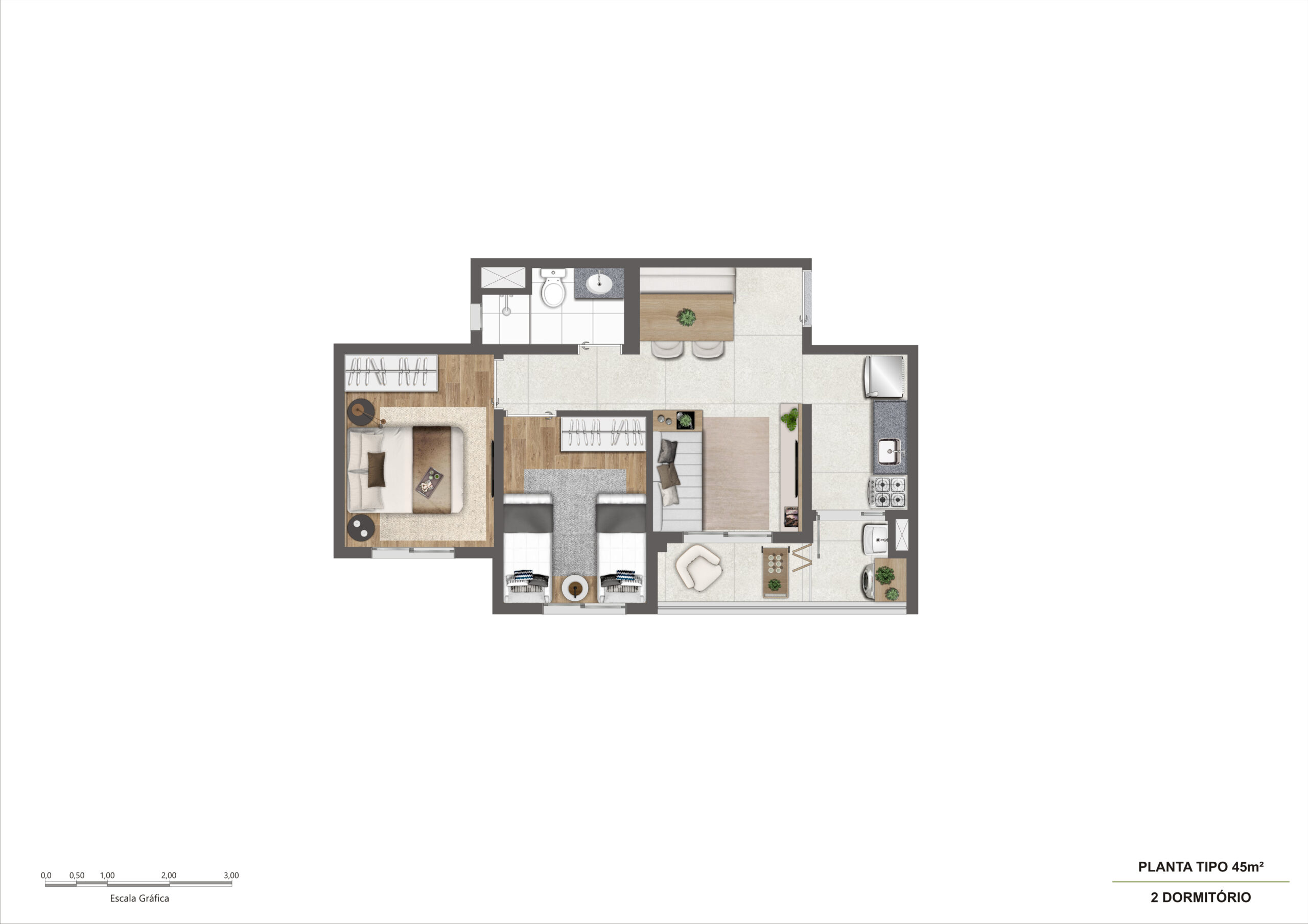 Planta 45m² - 2 Dorm R05