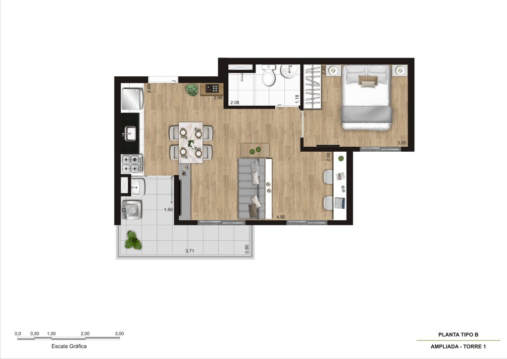 Planta Tipo B - 1 Dorm 40,55m² Ampliada R01