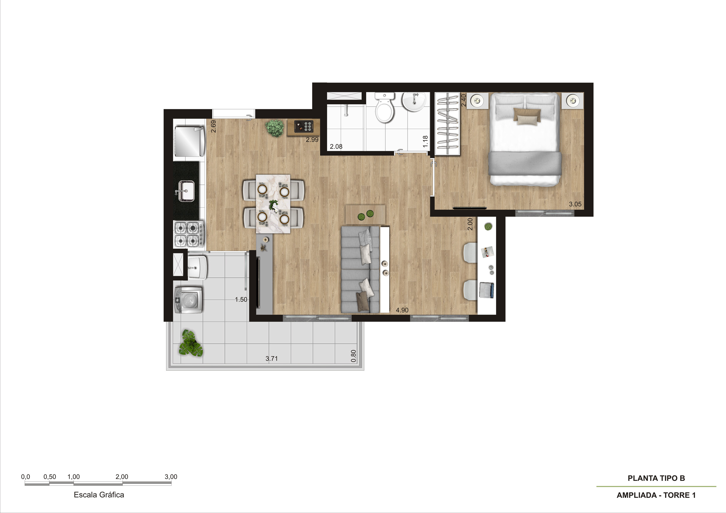 Planta Tipo B - 1 Dorm 40,55m² Ampliada R01