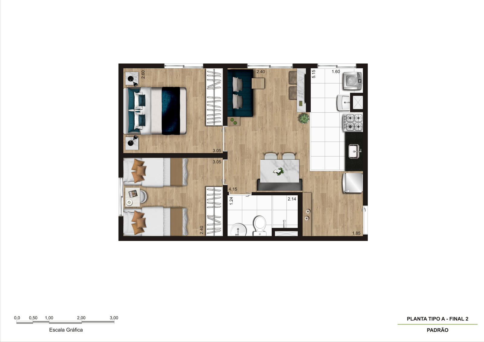 Planta Tipo A - 40,56m² - 2 Dorm R02