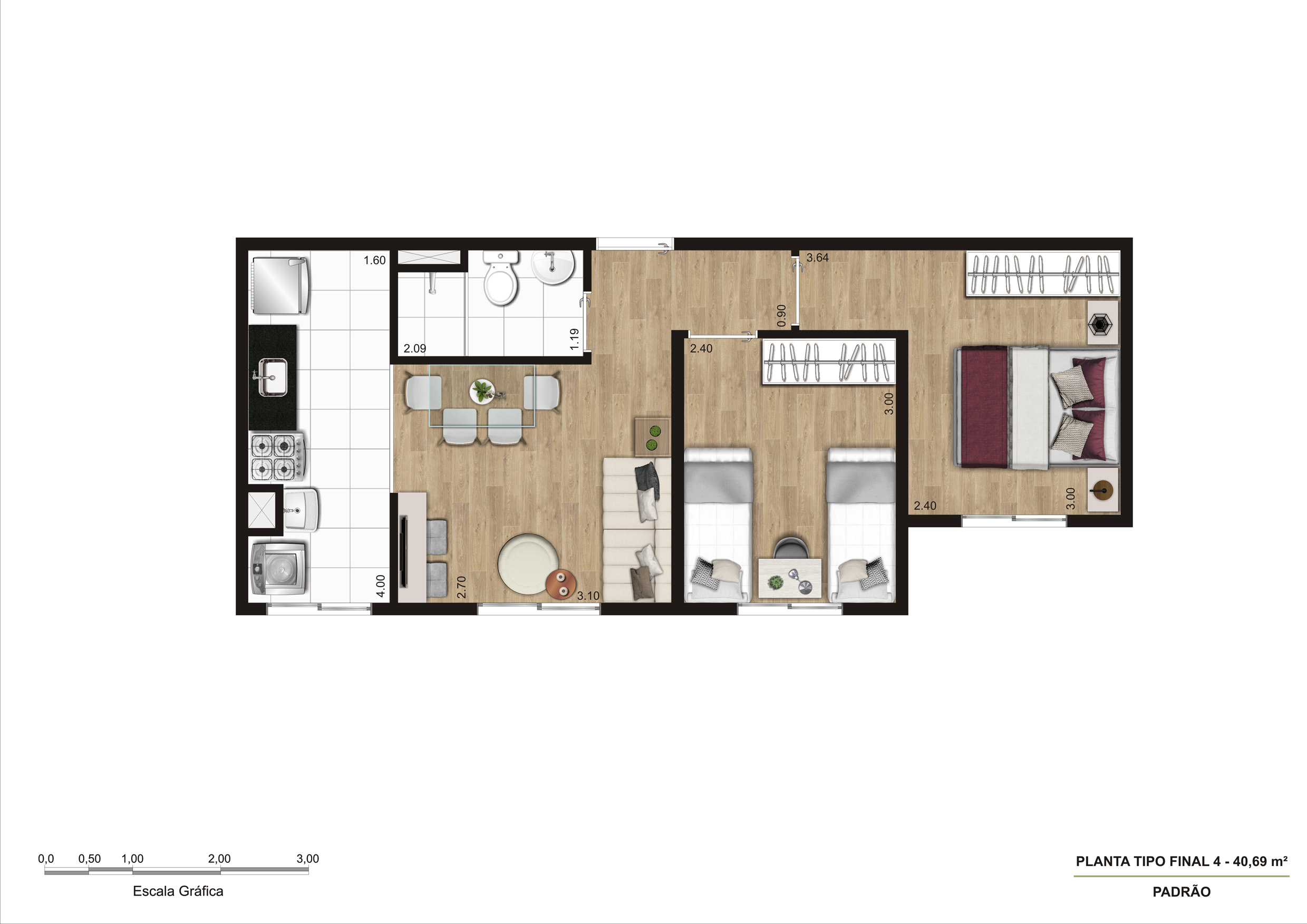 Planta Tipo B - 40,70m² - 2 Dorm