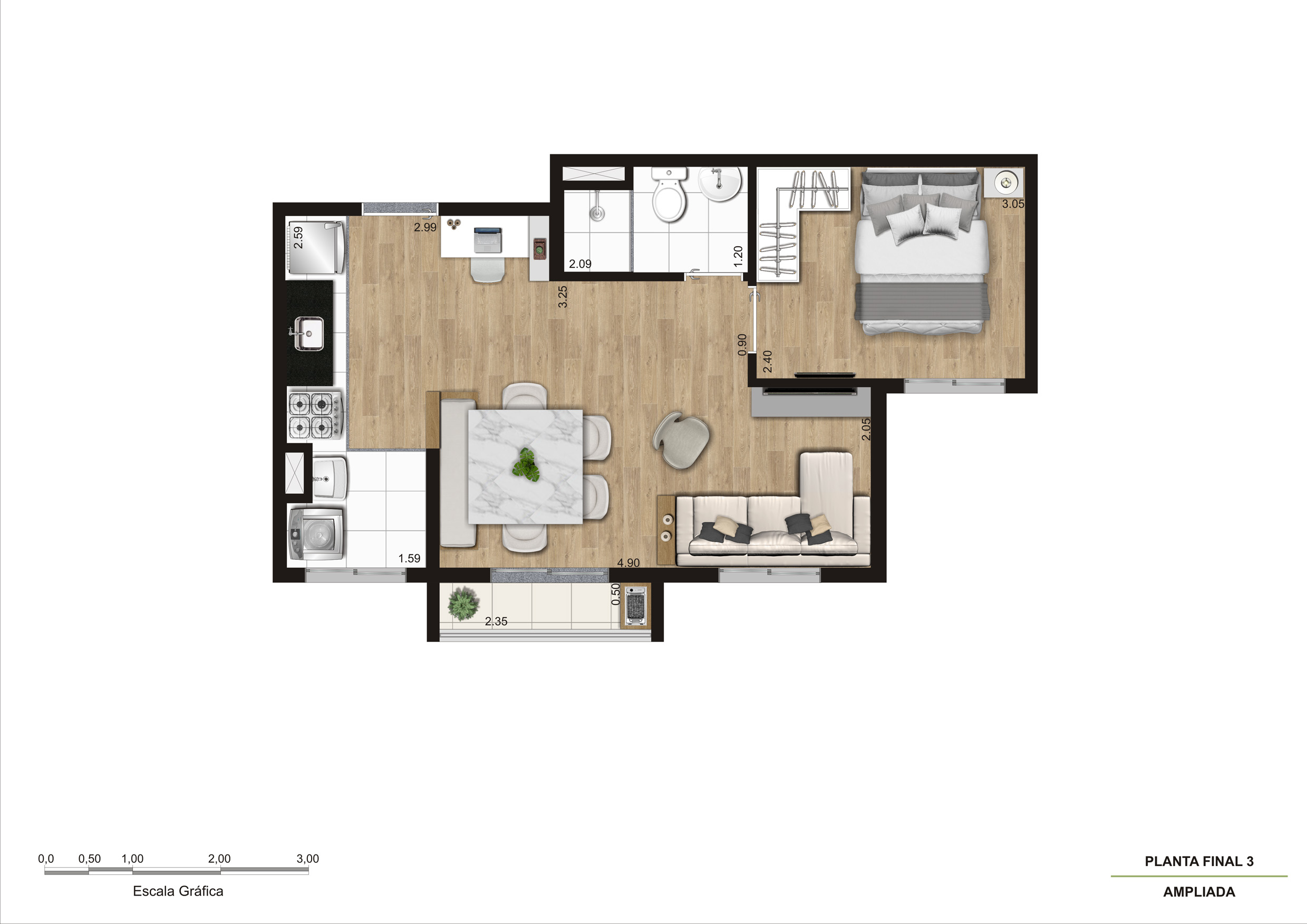 Planta Tipo 1 - 1 Dorm - 37m² Ampliada R03
