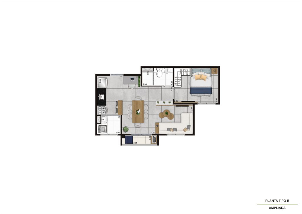 Planta Tipo B - 1 Dorm 37 m² – Ampliada R07