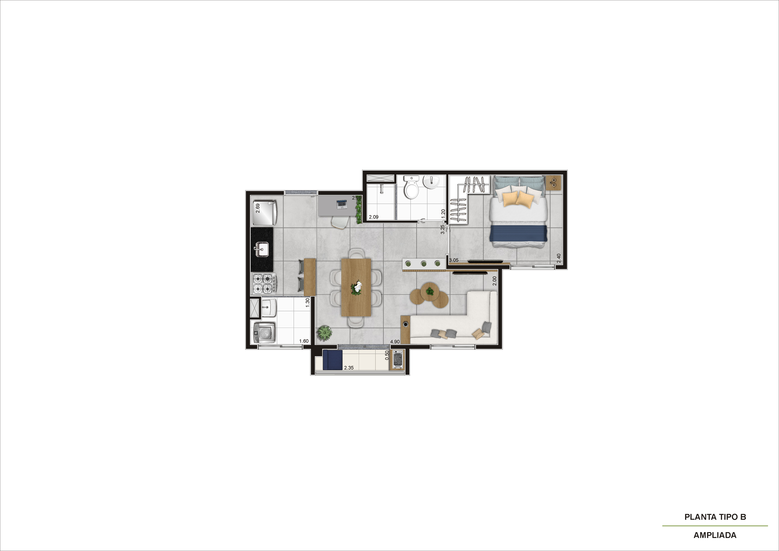 Planta Tipo B - 1 Dorm 37 m² – Ampliada R07