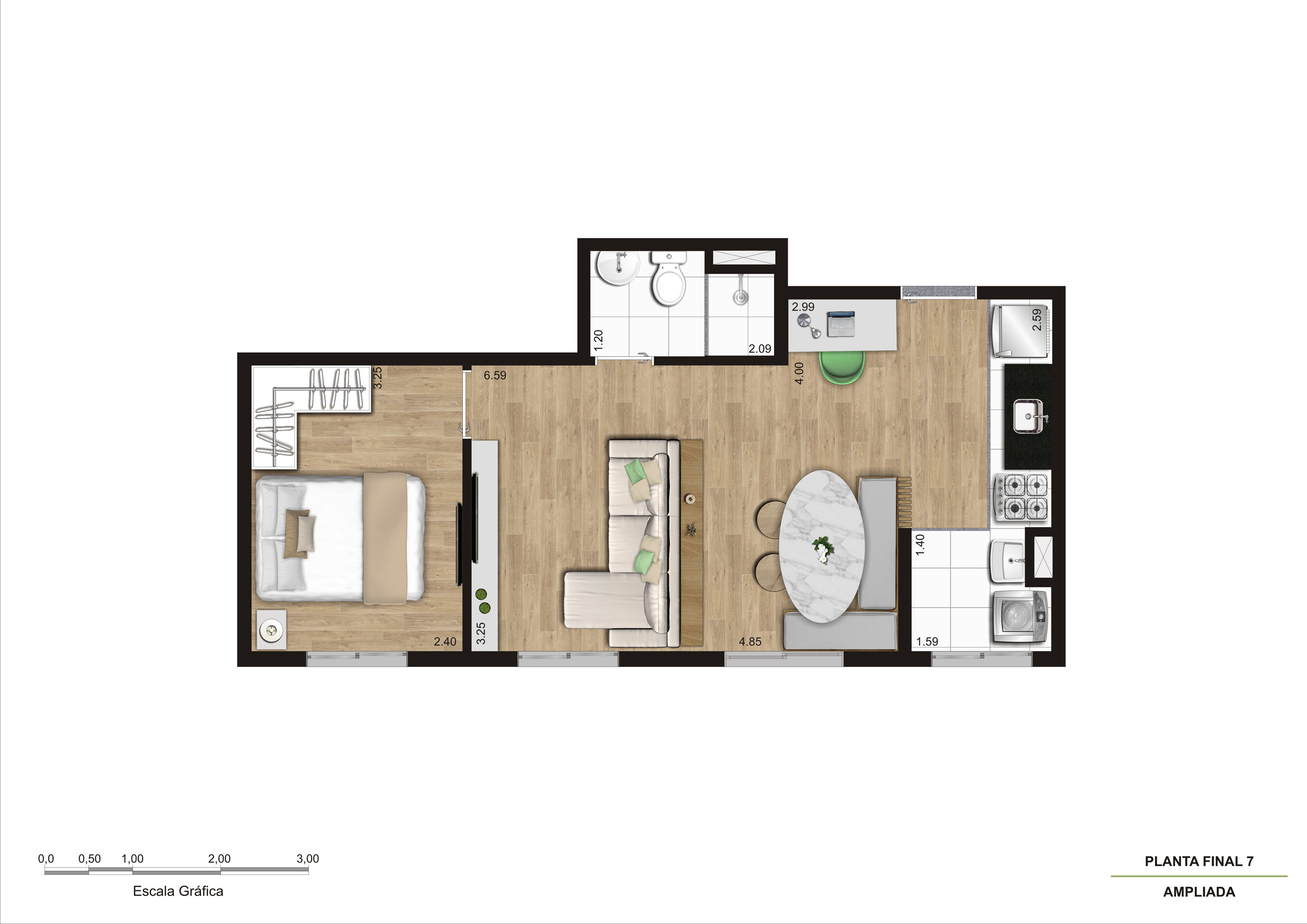Planta Tipo 2 - 1 Dorm - 38m² Ampliada R03