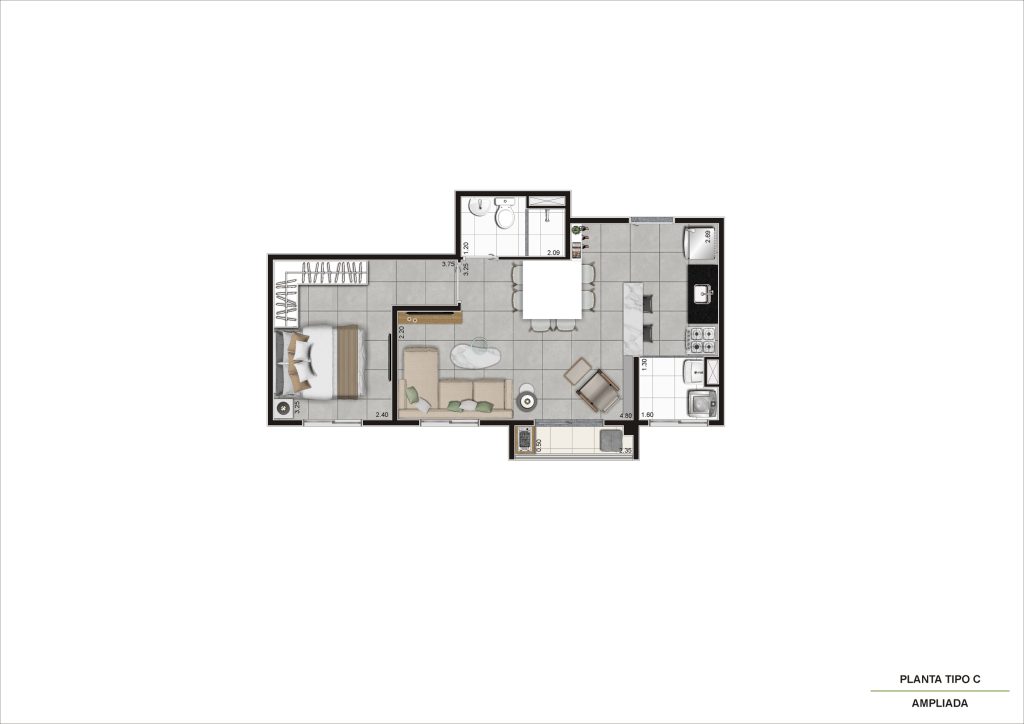 Planta Tipo C - 1 Dorm 39 m² – Ampliada R07