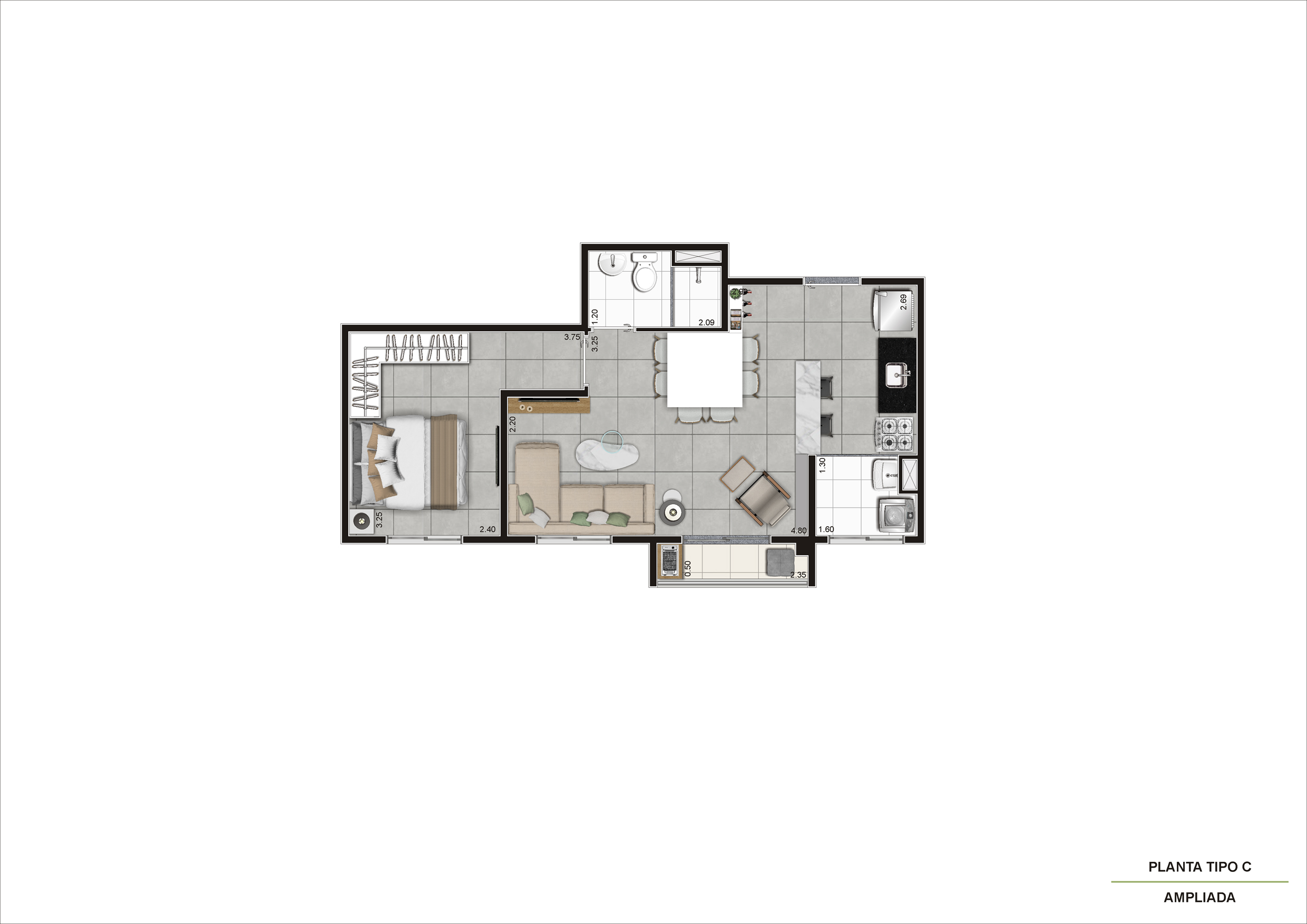 Planta Tipo C - 1 Dorm 39 m² – Ampliada R07