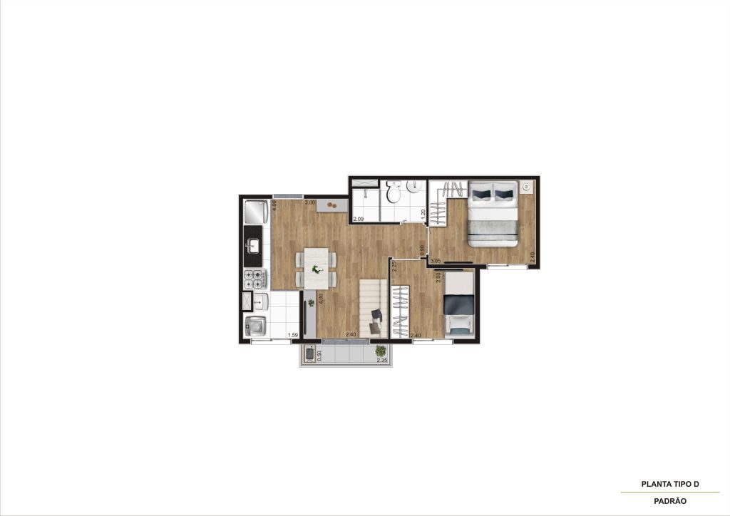 Planta Tipo D - 2 Dorm 37,74m² Ampliada R02