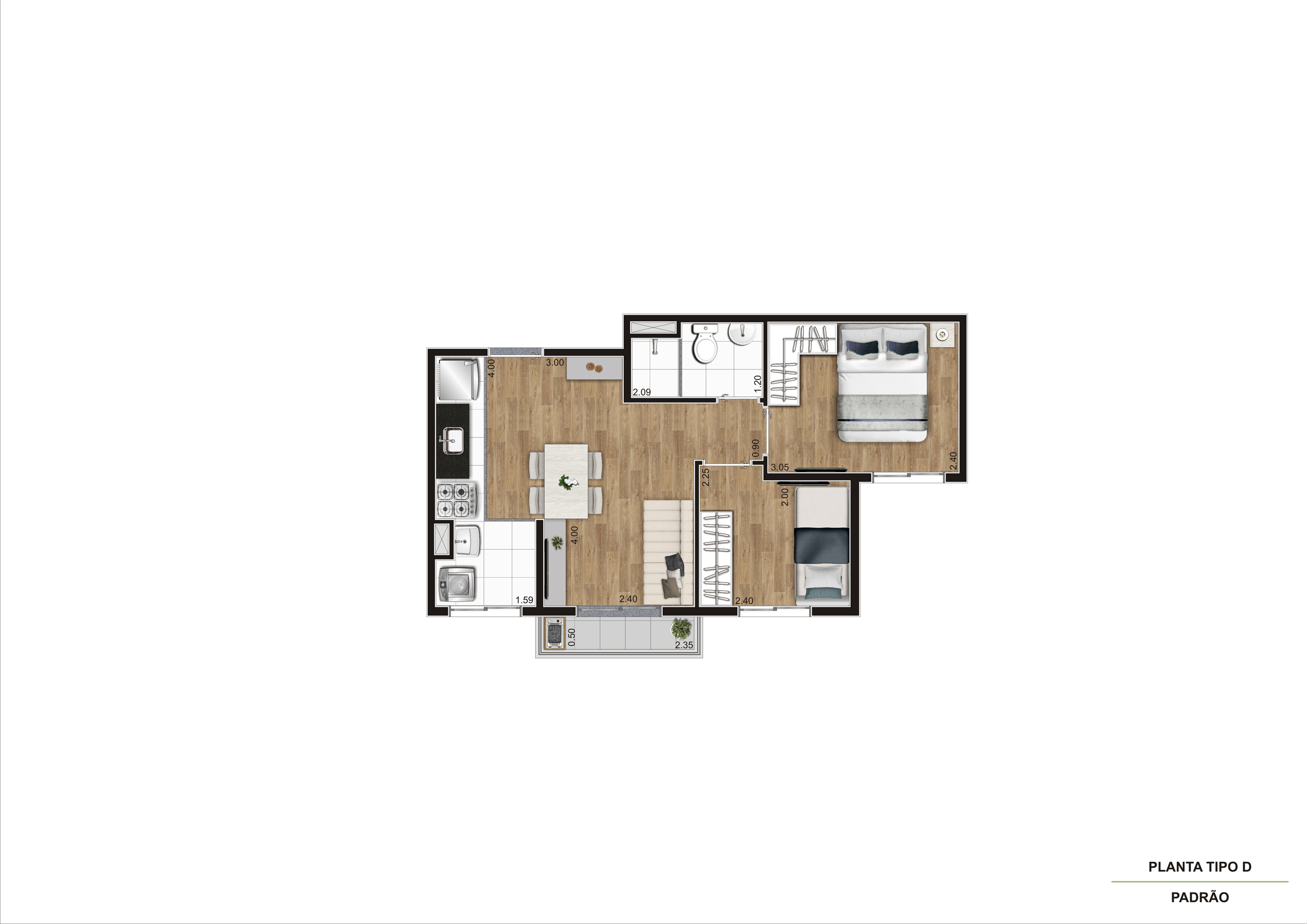 Planta Tipo D - 2 Dorm 37,74m² Ampliada R02