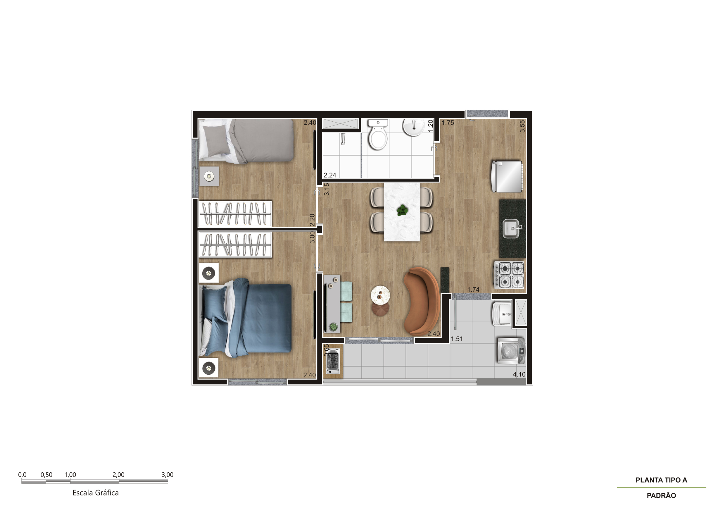 Planta Tipo A Ponta - 38m²