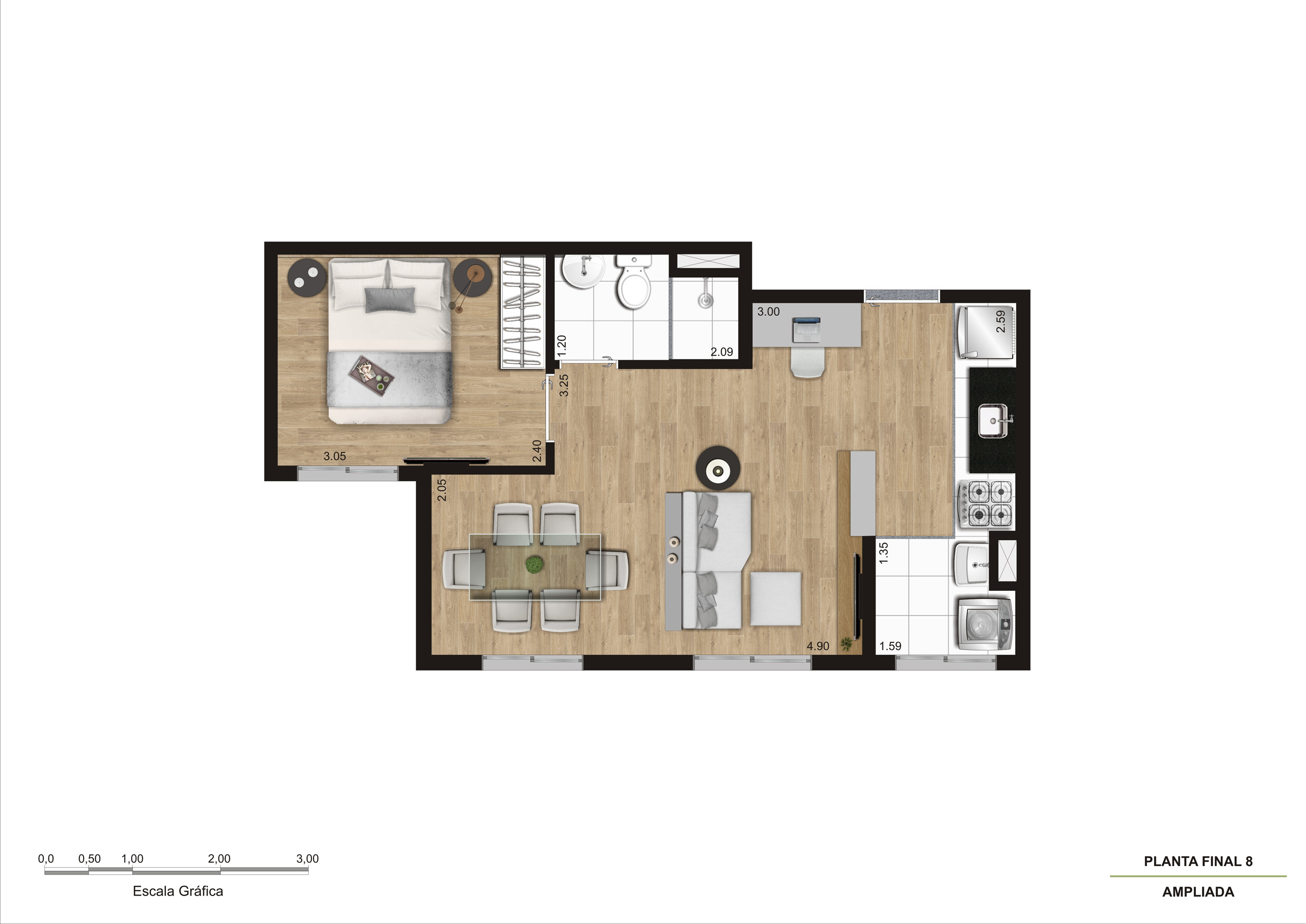 Planta Tipo 3 - 1 Dorm - 35m² Ampliada R03
