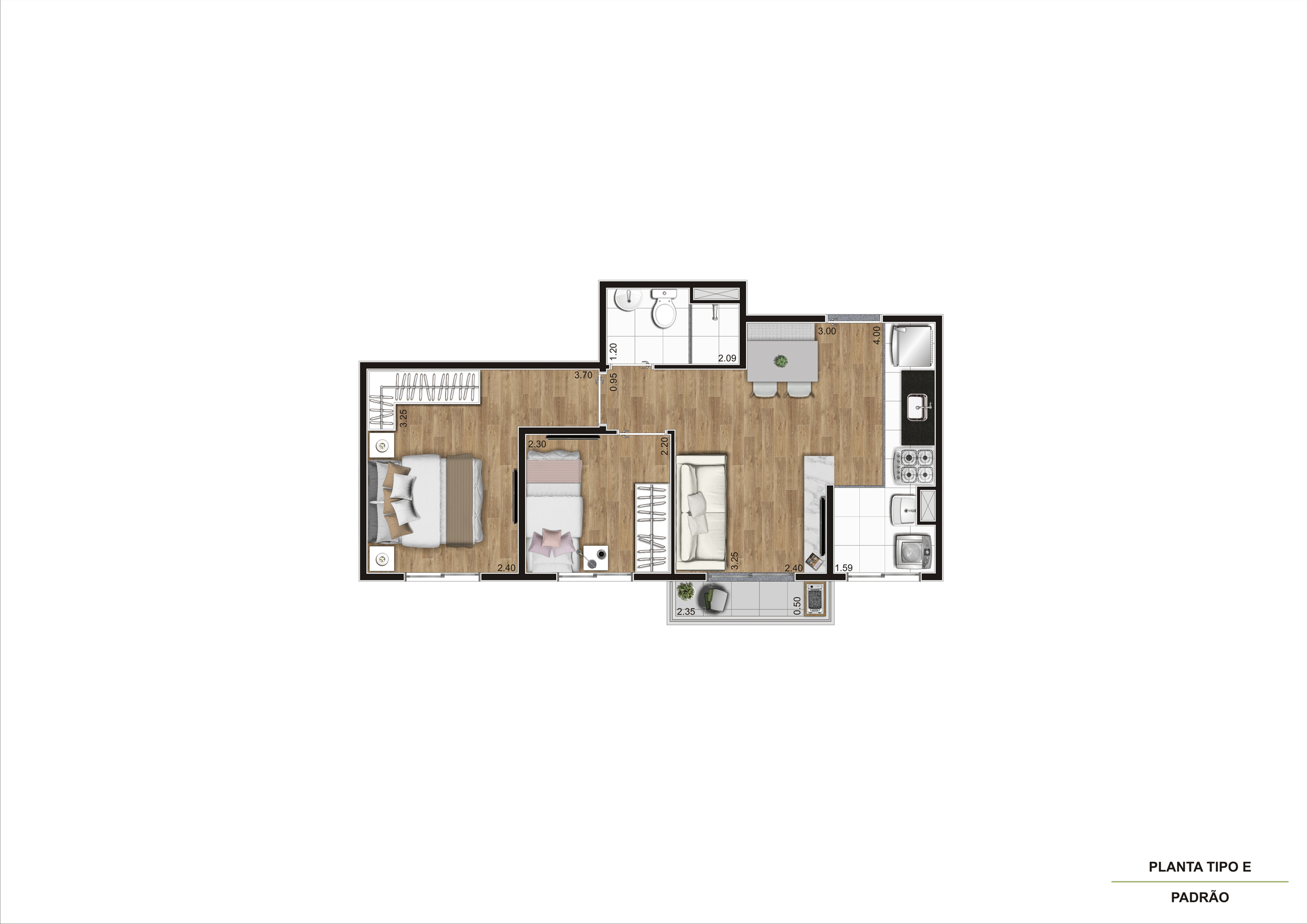 Planta Tipo E - 2 Dorm 39,83m² Ampliada R02