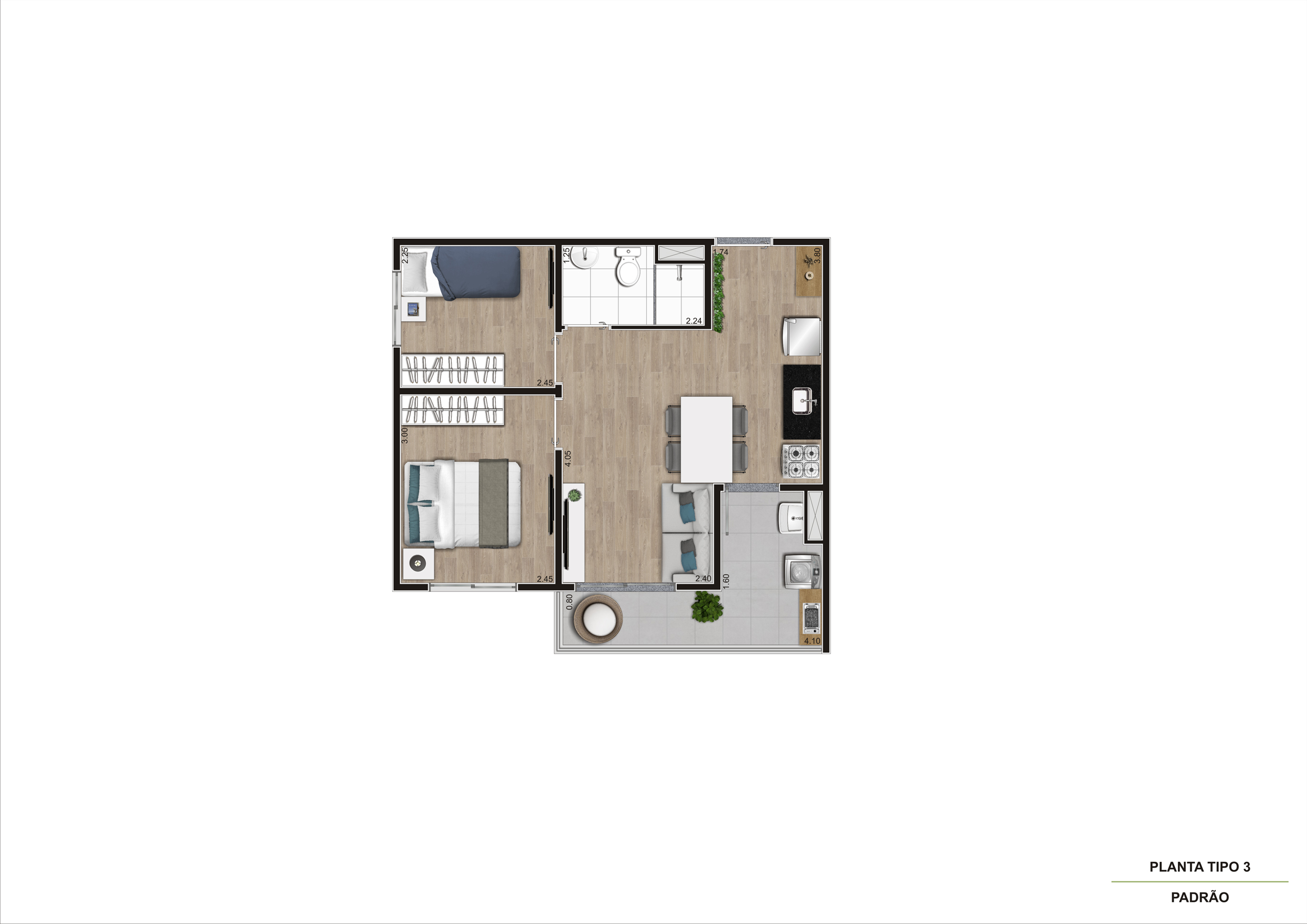Planta Tipo 3 - 2 Dorm - 43m² R05
