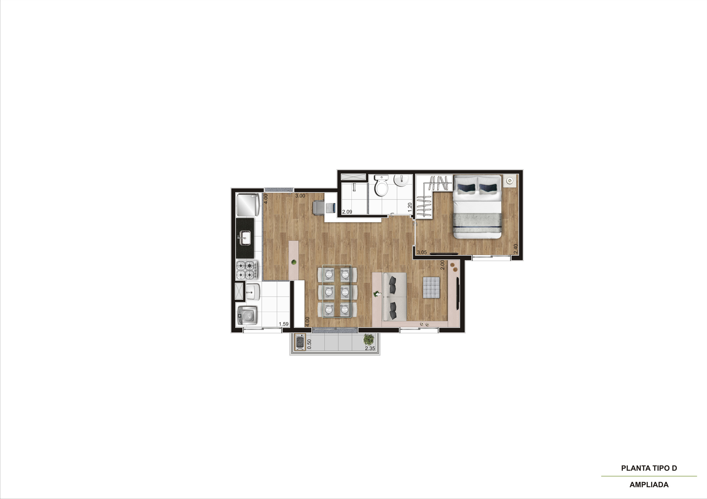Planta Tipo D - 1 Dorm 37,74m² Ampliada R01