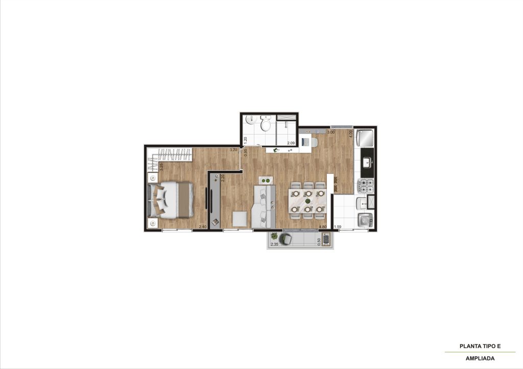 Planta Tipo E - 1 Dorm 39,83m² Ampliada R01