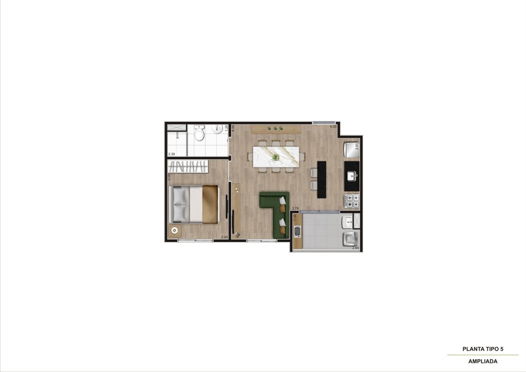 Planta Tipo 5 - 1 Dorm - 38m² Ampliada R04
