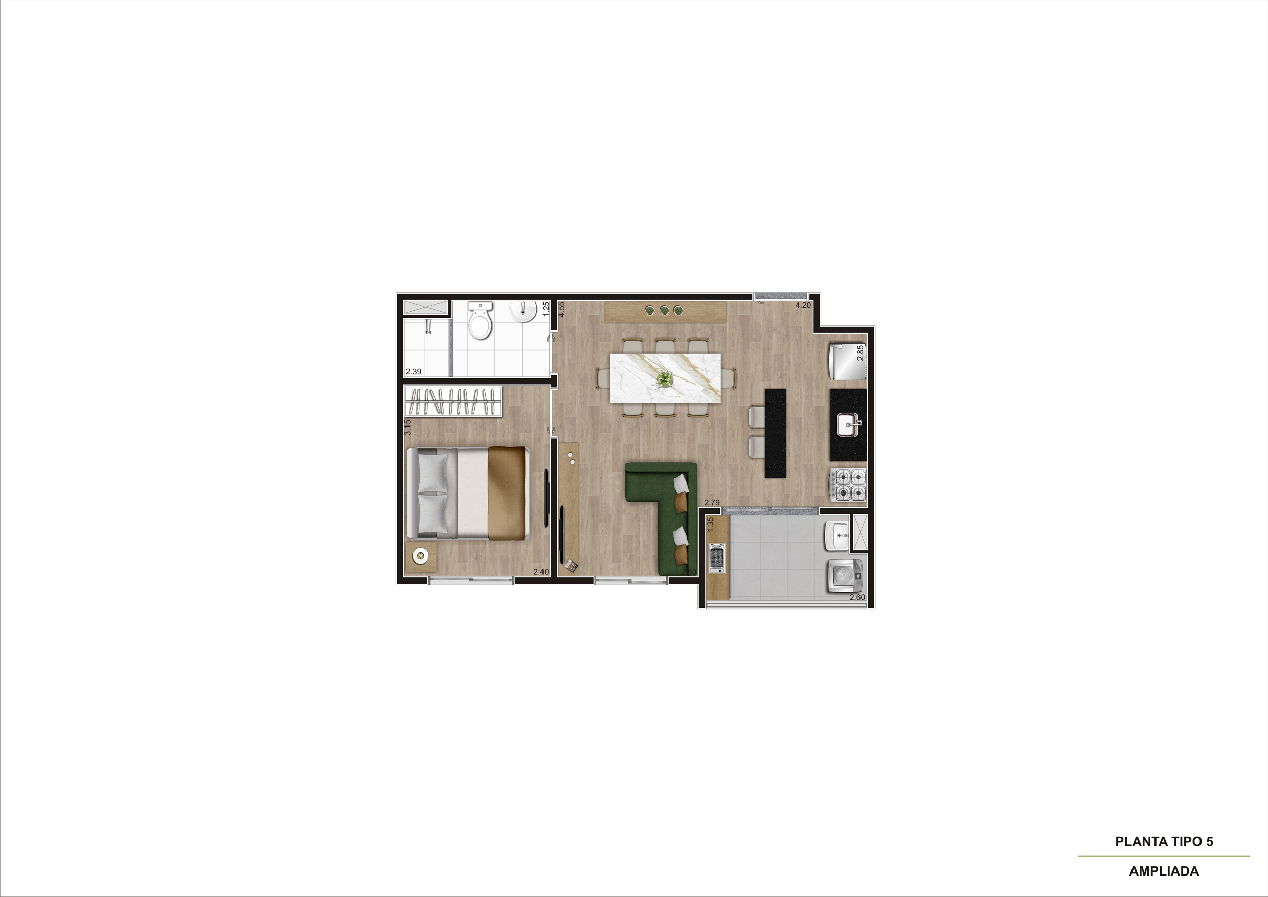 Planta Tipo 5 - 1 Dorm - 38m² Ampliada R04