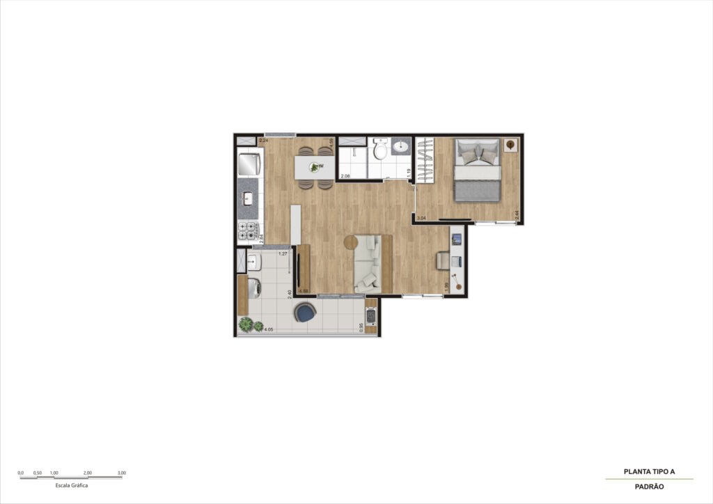 Planta Tipo A - 1 Dorm 42m² Ampliada R00