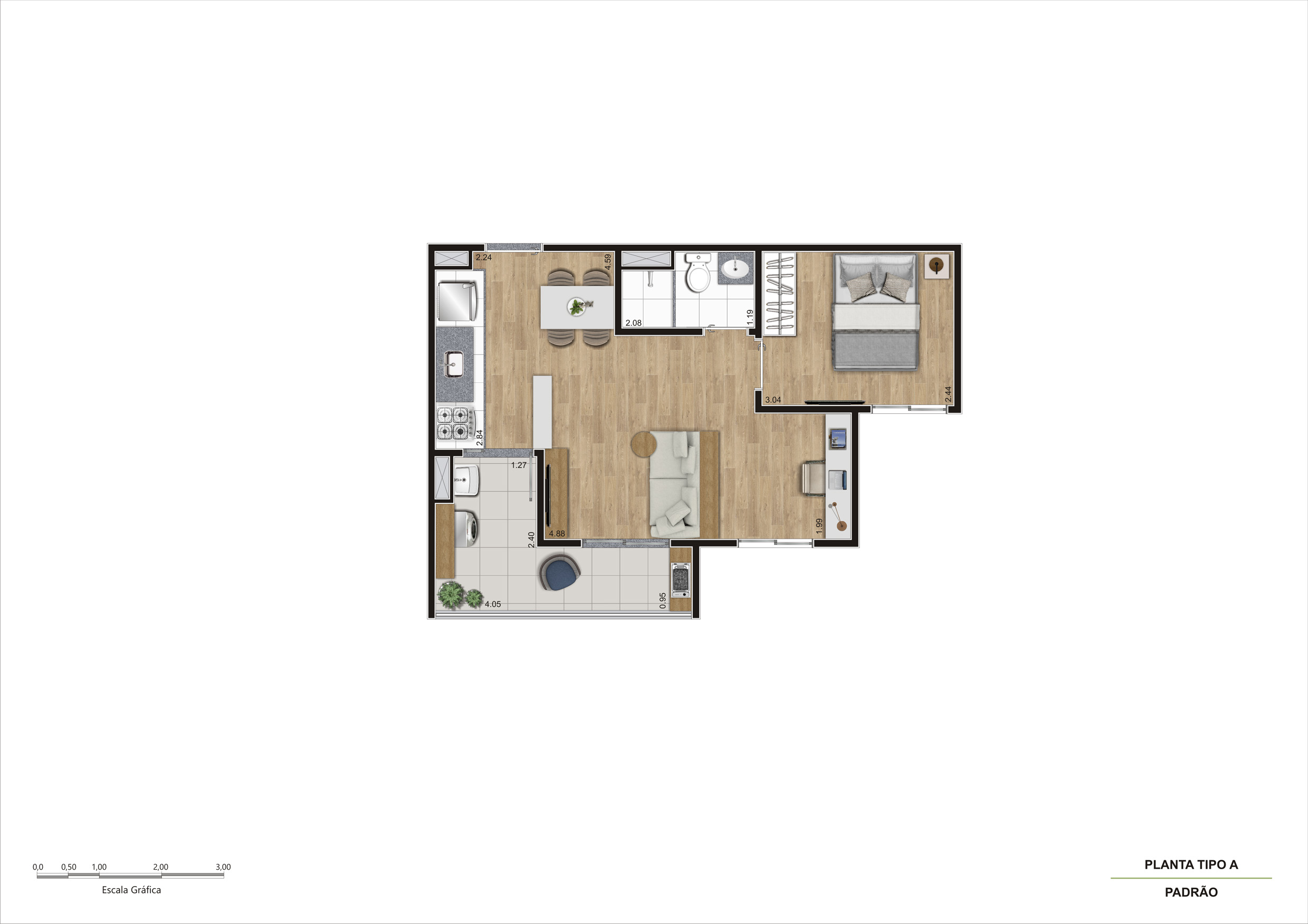 Planta Tipo A - 1 Dorm 42m² Ampliada R00