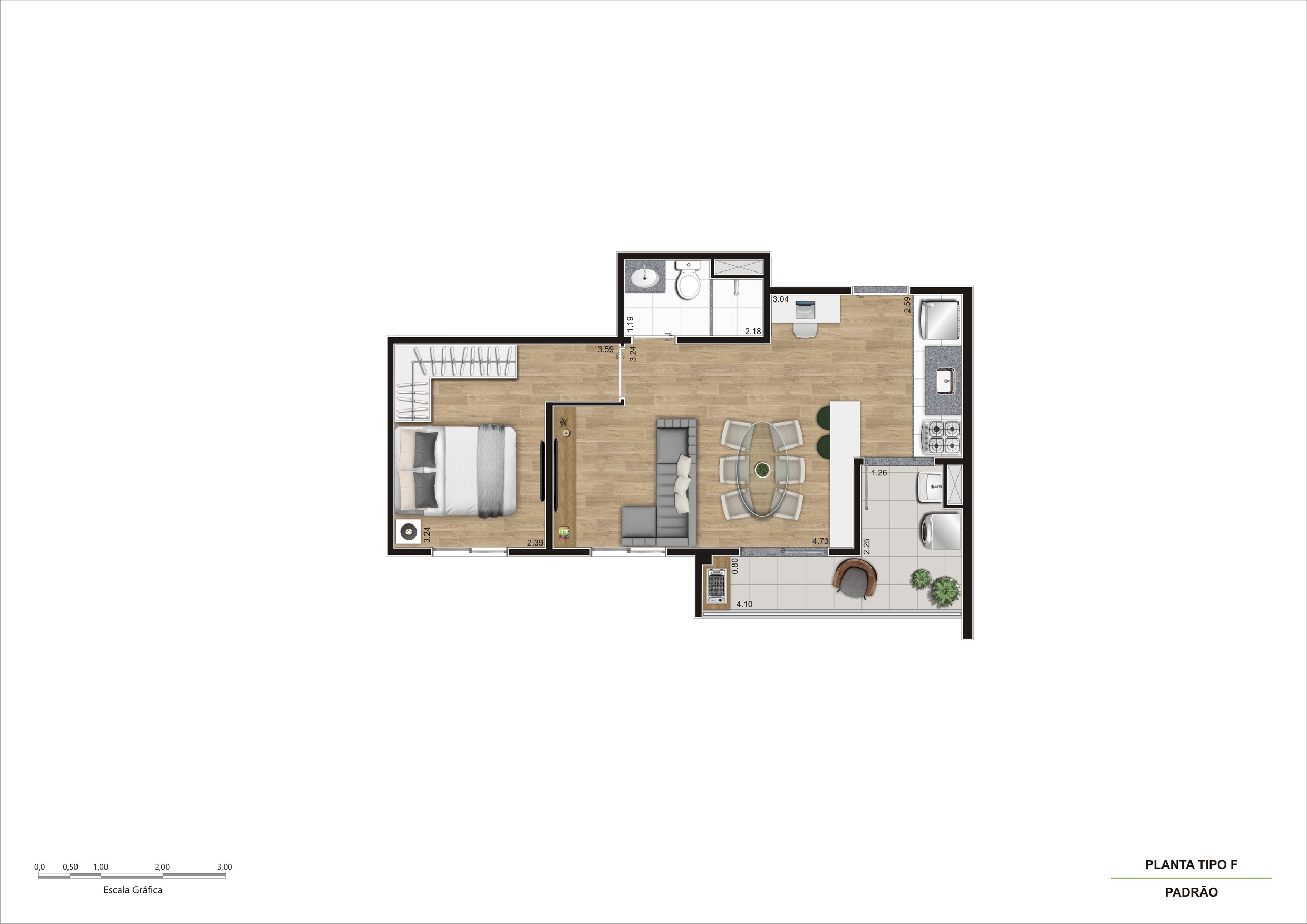 Planta Tipo F - 1 Dorm 42m² Ampliada R00