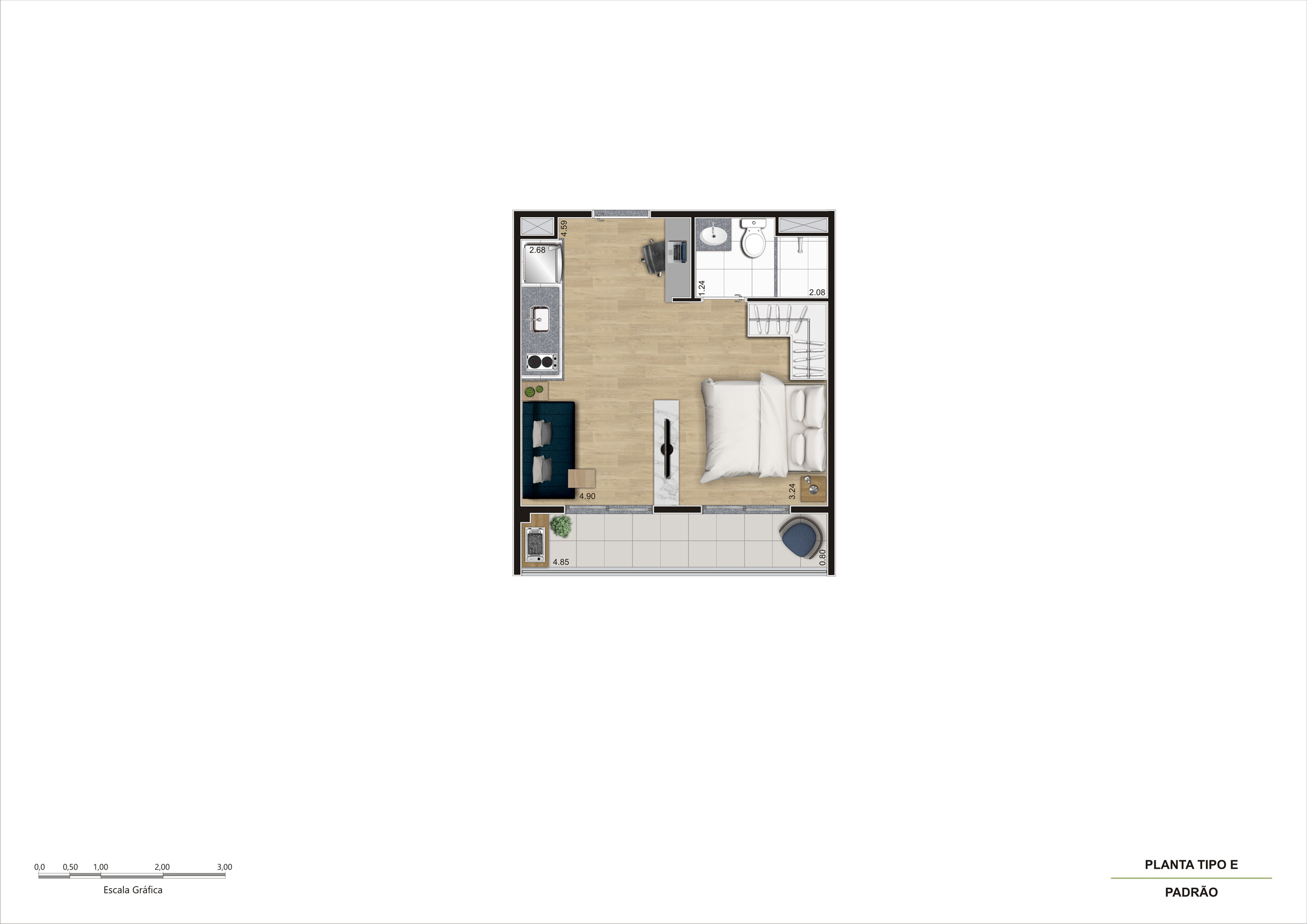 Planta Tipo E - 1 Dorm 30m² Ampliada R00