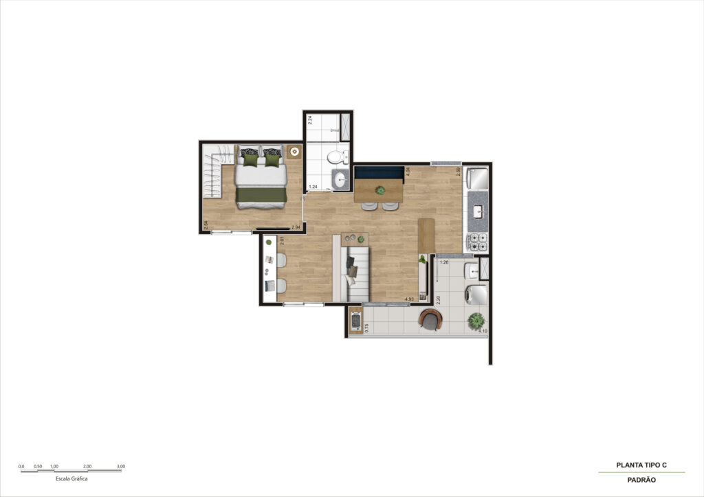 Planta Tipo C - 1 Dorm 42m² Ampliada R00