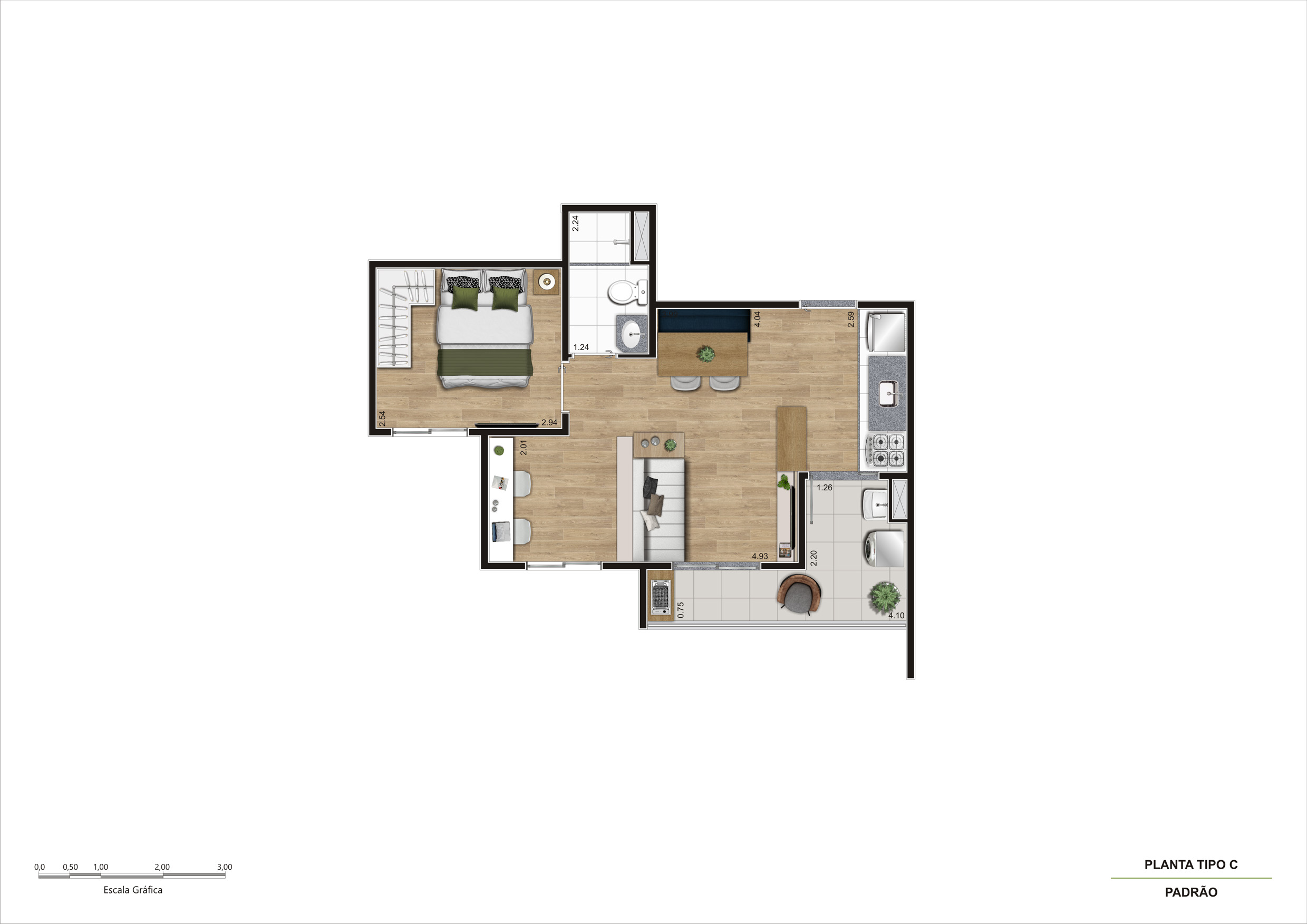 Planta Tipo C - 1 Dorm 42m² Ampliada R00