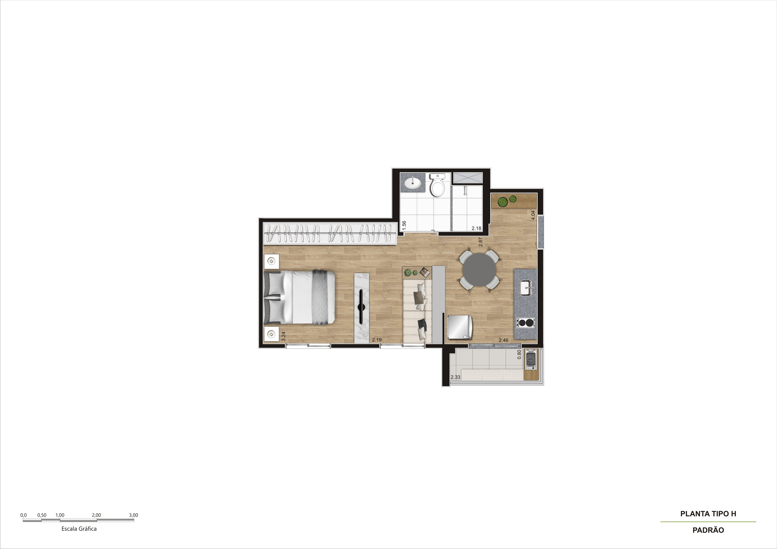Planta Tipo H - 1 Dorm 34m² Ampliada R00
