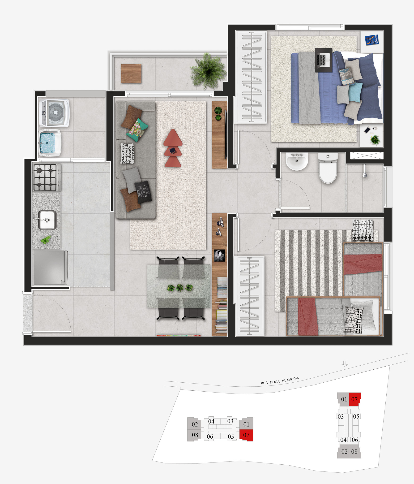 Planta Tipo A - 49m² - 2 Dorm