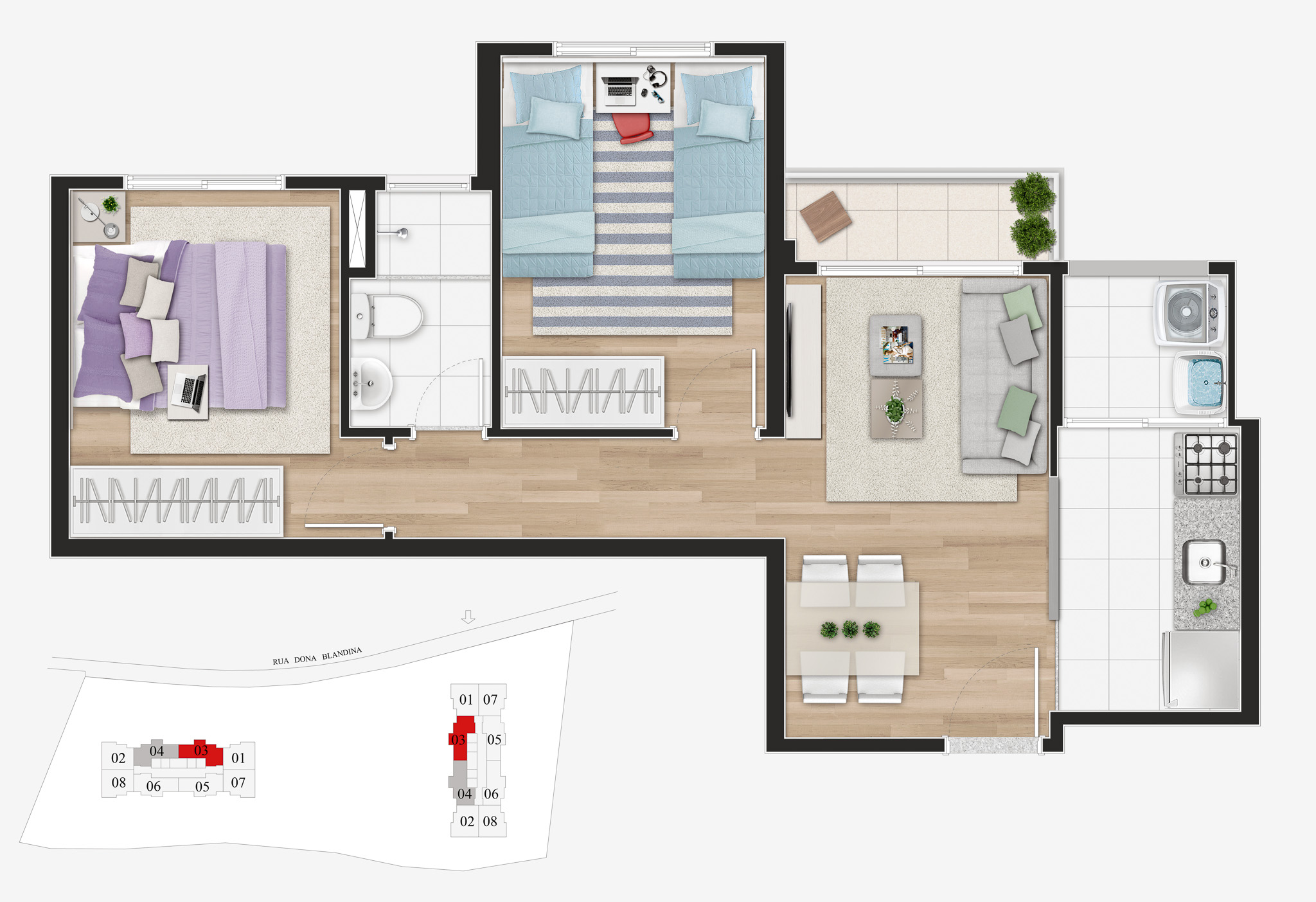 Planta Tipo B - 48m² - 2 Dorm