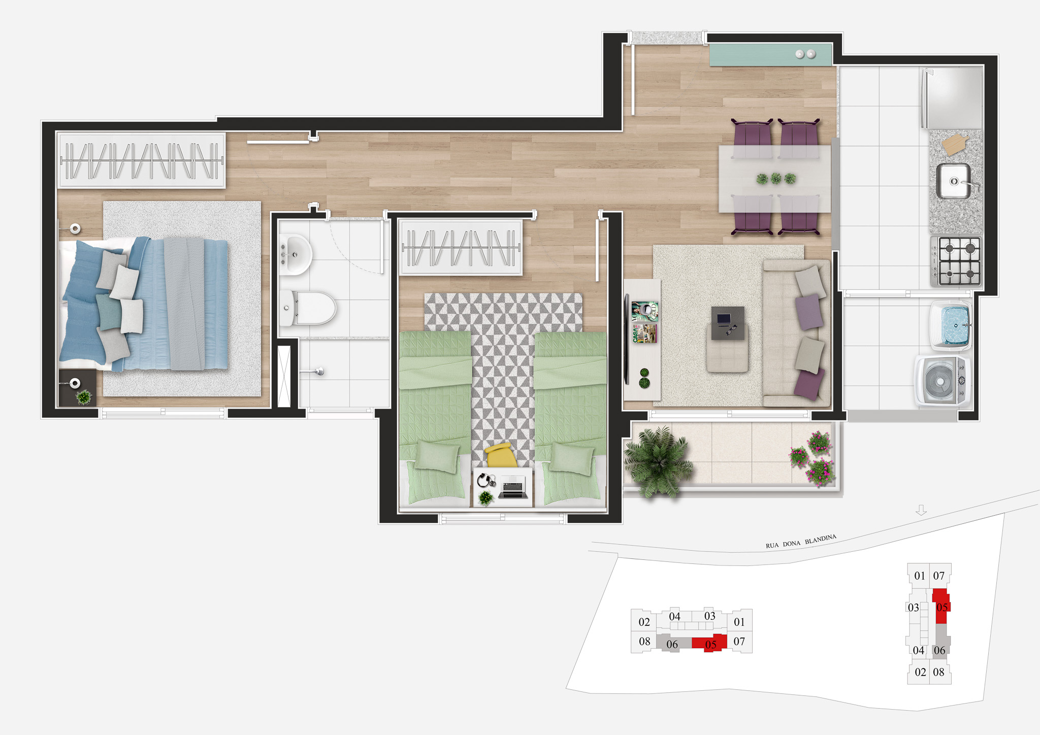 Planta Tipo C - 48m² - 2 Dorm