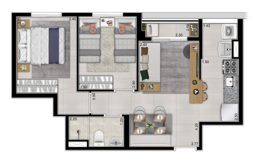 Planta 42m² - 2 Dorm