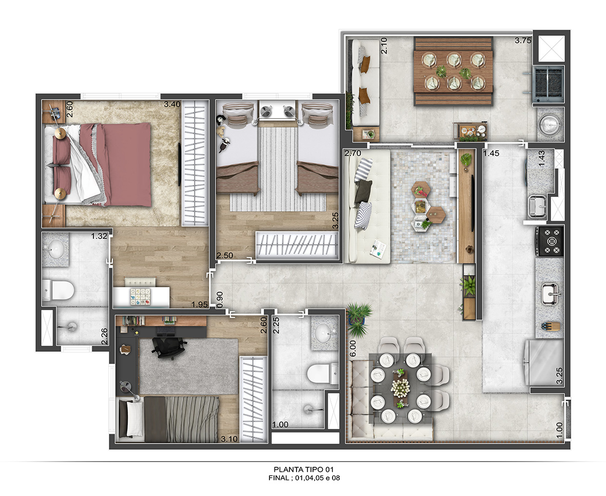 Planta Tipo 1 - 81m² 3 Dorm