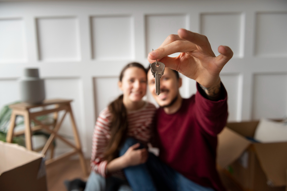 Casal sorridente segurando a chave da nova residência, com caixas de mudança ao fundo, representando a conquista do imóvel pelo programa Minha Casa Minha Vida com a Kazzas