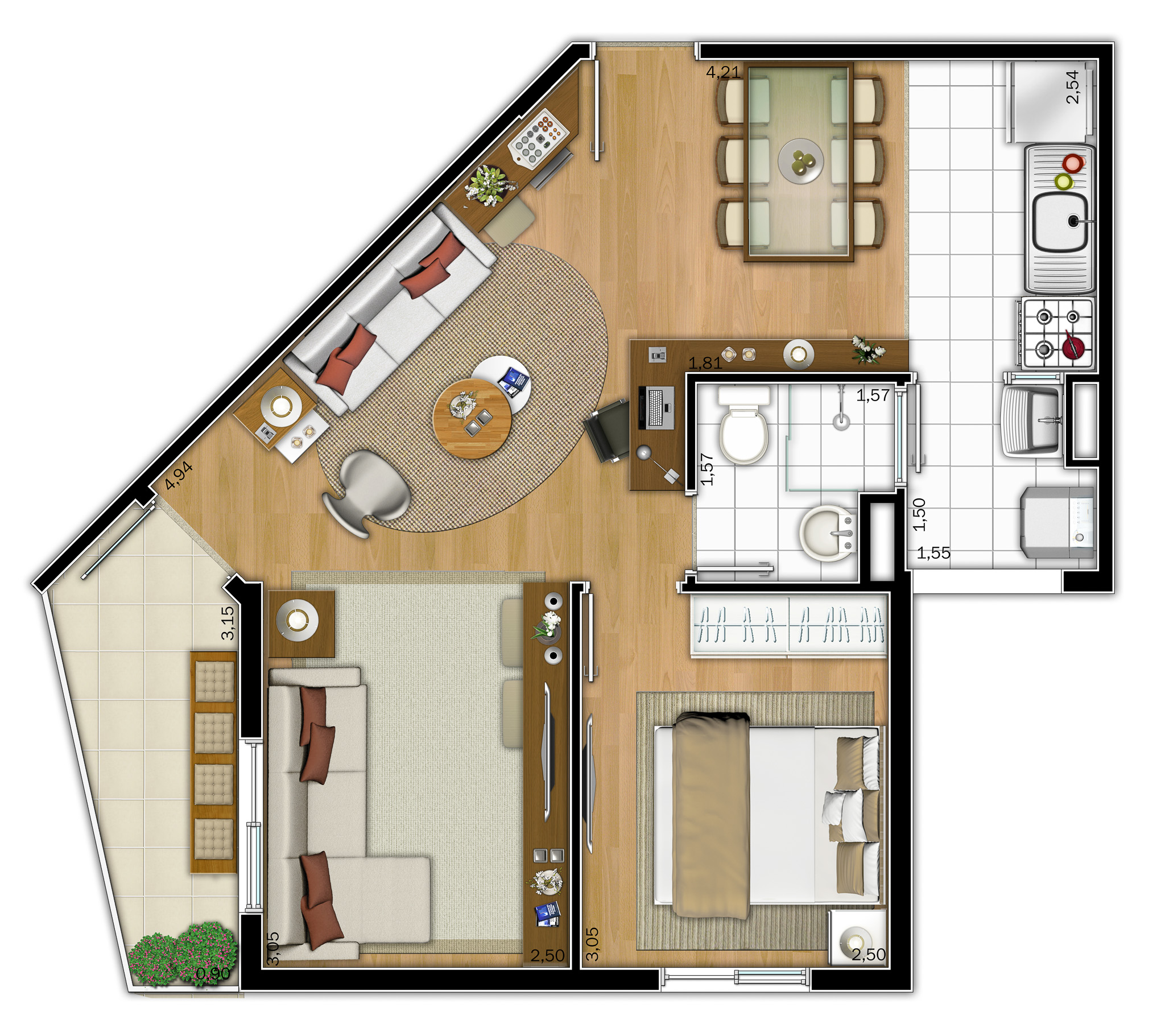 Planta Tipo 3 - 51m² Sala Ampliada - 1 Dorm R00